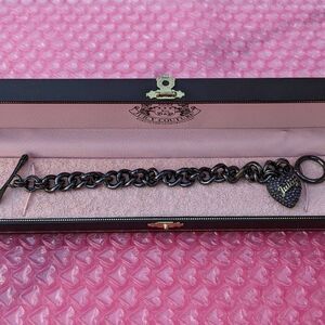 Juicy Couture Y2K Metallic Gunmetal Heart Pave Crystal Starter Charm Bracelet